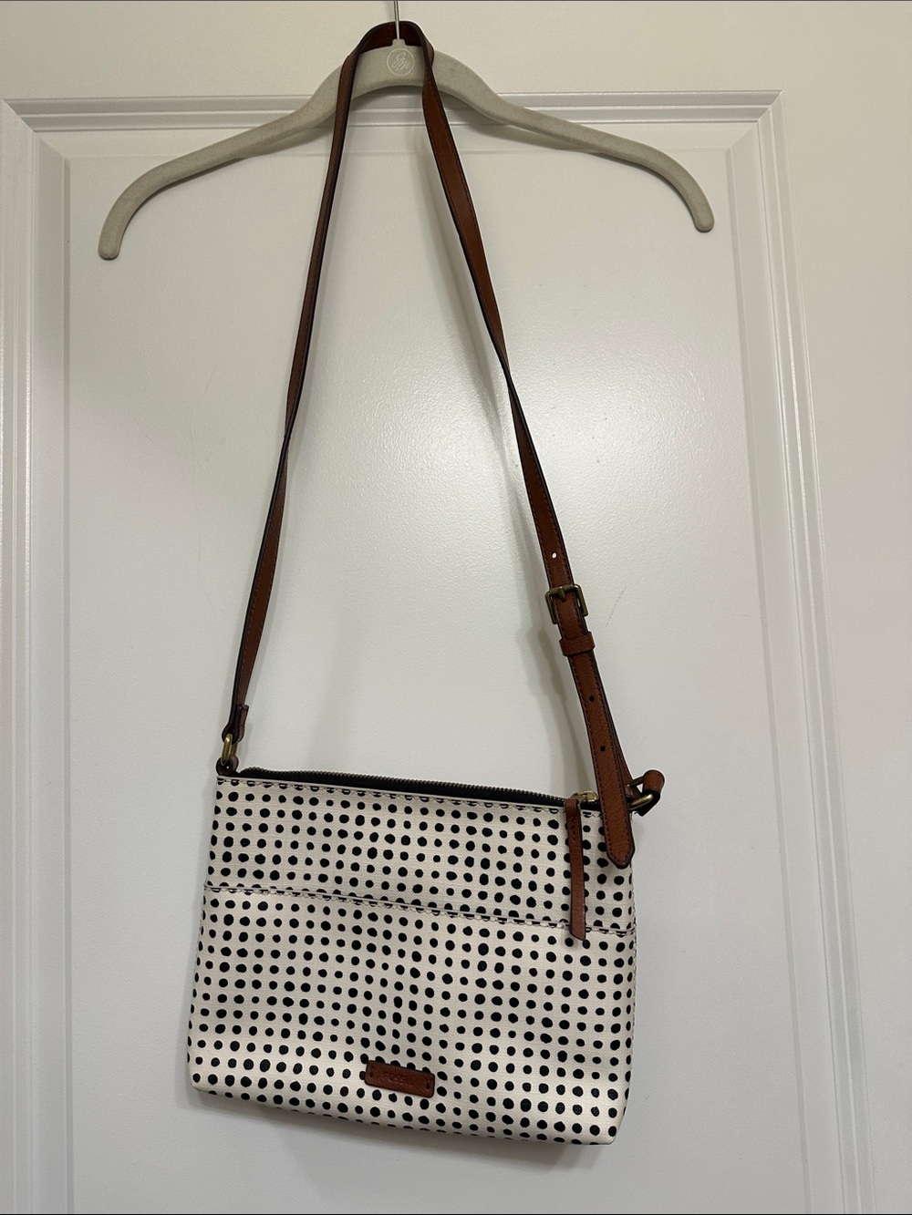 Fossil Vintage Polka Dot Crossbody Bag with Brown Leather Strap